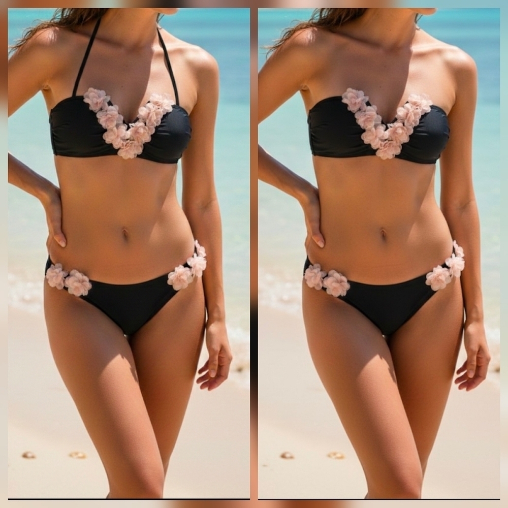 Boho Chic Floral Appliqué Bikini Set, Removable Strap, Black & Blush Pink, Small